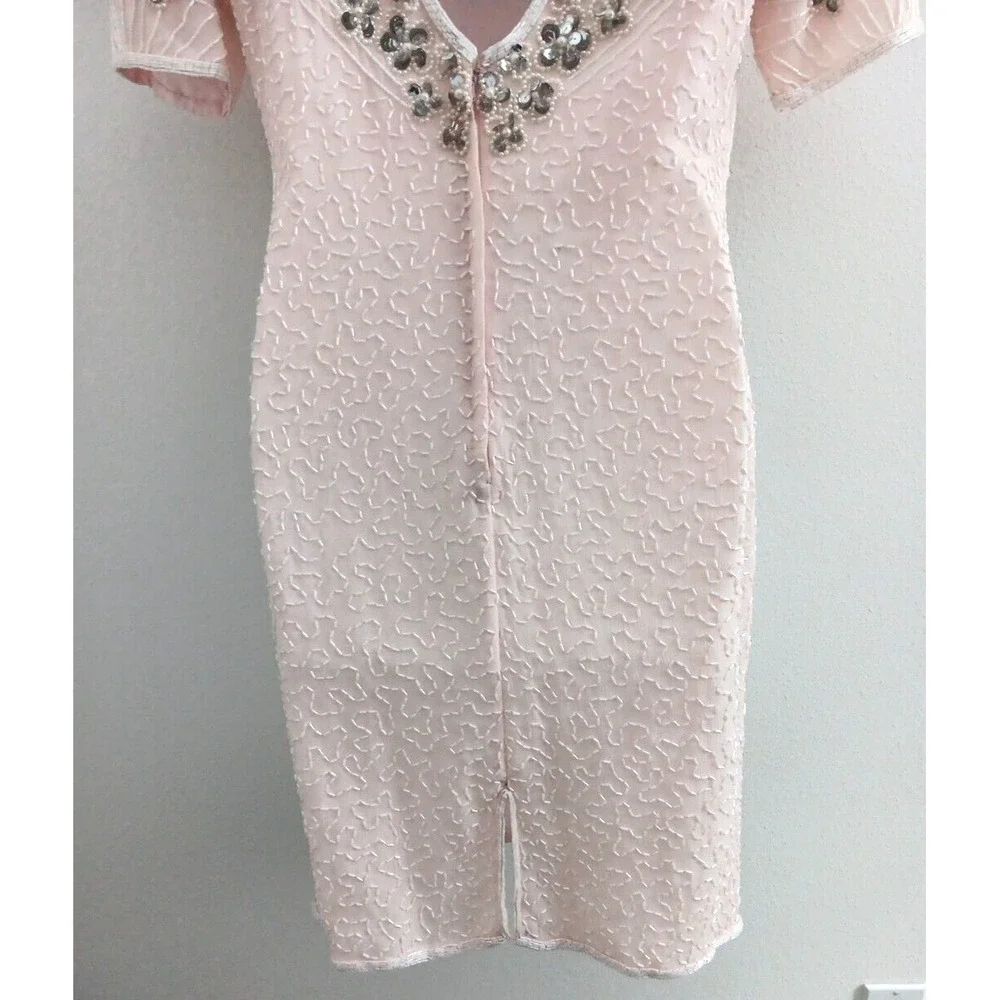 NOS Jennifer Evening Gown MED Pink Midi Silk Bead‎ Sequin Keyhole Barbicore Glam - Picture 9 of 16